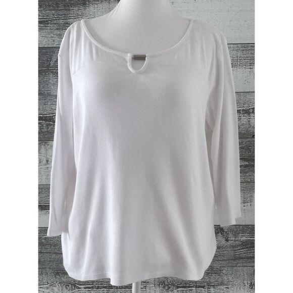 Rafaella Studio Tops - Rafaella Studio Women White Top 3/4 Sleeve 100% Cotton Plus Sz 2XL Keyhole Neck
